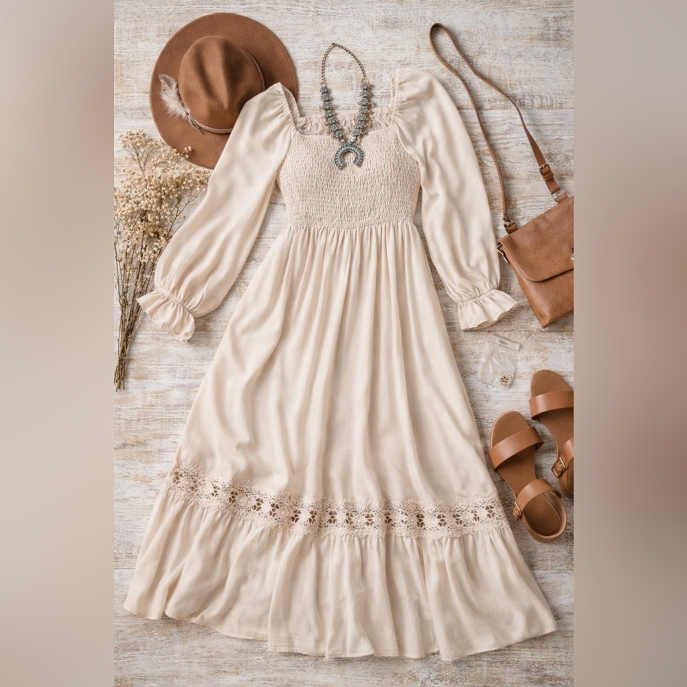 ZESICA Boho Long Sleeve Square Neck Smocked Maxi Dress ~Apricot~Size 4/6 ~ NWOT - Picture 2 of 16